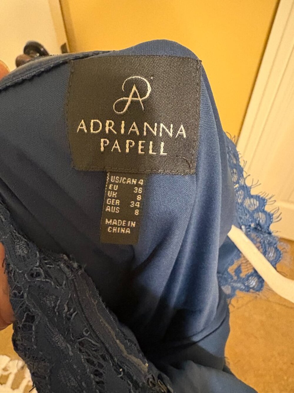 Adrianna Papell Dark Slate Blue One Shoulder Lace Formal Dress Gown SZ 4